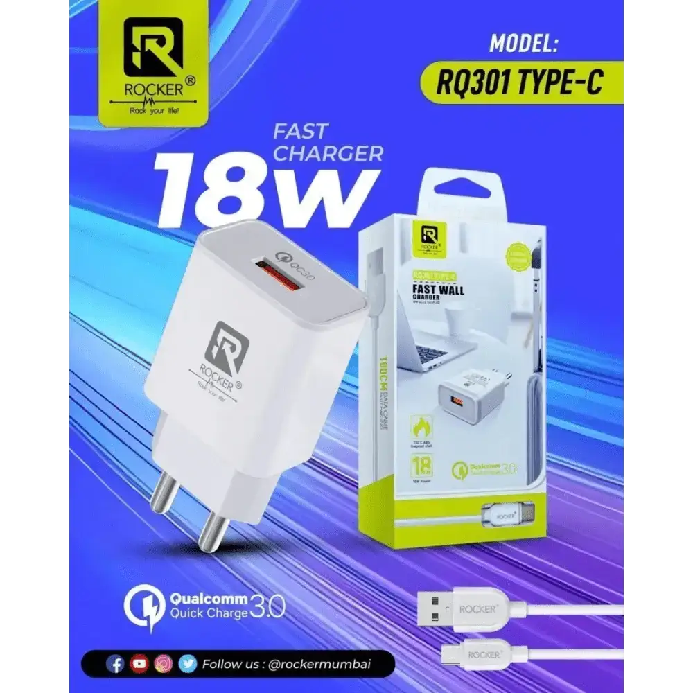 Rockers 18 watt fast charger with C type cable