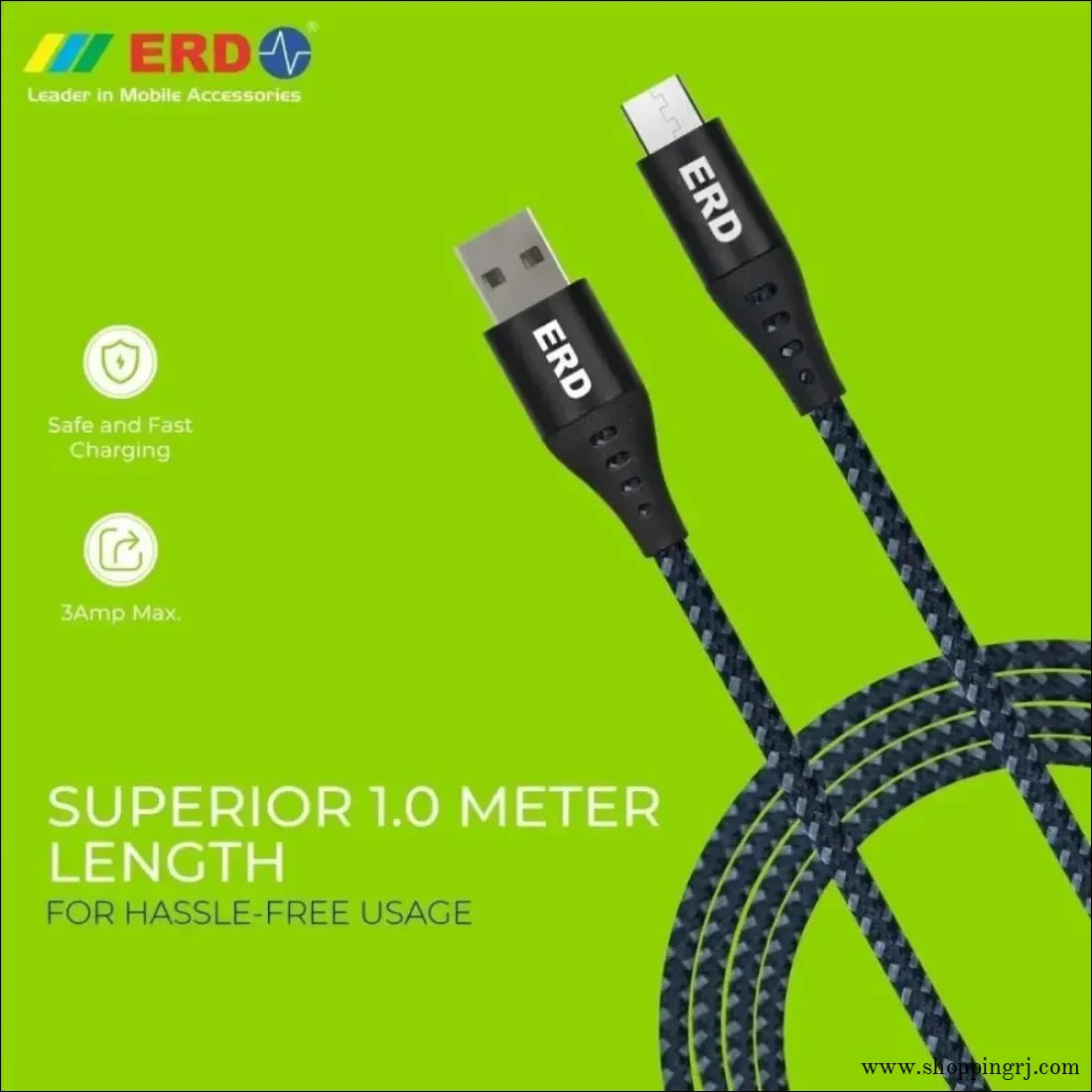 ERD UC-59 பின்னப்பட்ட உலோக உறை மைக்ரோ USB டேட்டா கேபிள் (சாம்பல்-கருப்பு)