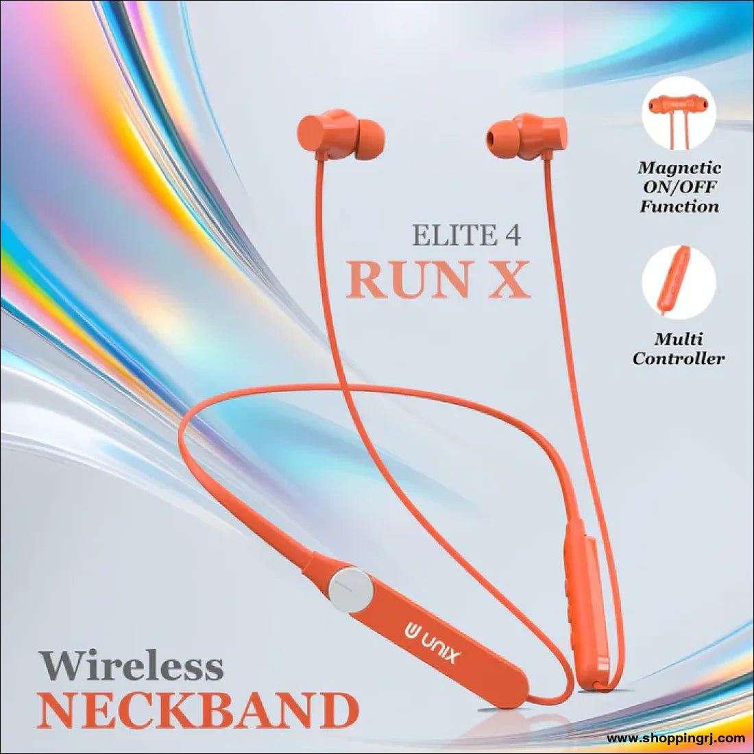 Unix Elite 4 Runx Wireless Neckband – 54H Playtime ENC Magnetic On/Off & Multi-Controller - Orange - neckband