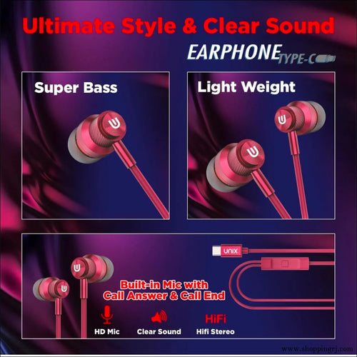 Unix Harmony Type C Wired Earphone for Clear Audio Quality - Earphone